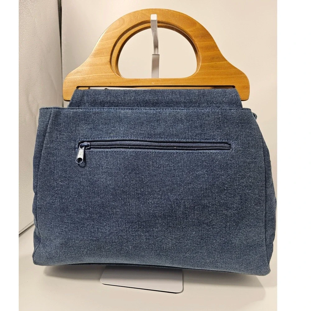 Vintage Denim Scottie Dog Tapestry Handbag Wooden Handle Beaded Terrier Bag